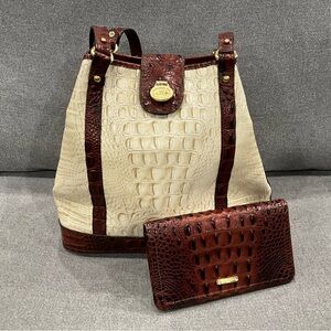 Brahmin Cream and Brown Satchel with Crocodile Embossing